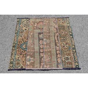 Tapis turc vintage de grande surface 3.4x3,1 pieds classique Beige bleu Patchwork Design laine Latex forme rectangulaire pour couloir chambre - Product Image 1