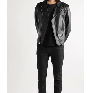 Chaqueta de motorista de cuero genuino negro de alta calidad para hombres Diseño de cremallera múltiple Botones de cuello vuelto Decoración de patrón de tela tejida - Product Image 3