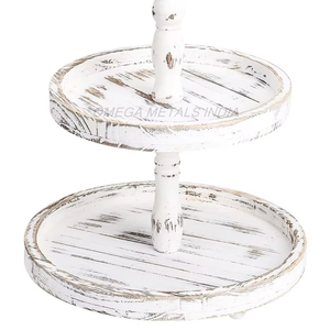 Juego de bandejas de madera personalizadas hechas a mano, forma redonda blanca encantadora de dos niveles con diseño vintage para servir y exhibir - Product Image 1