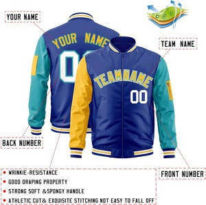 Equipo personalizado Logo Bordado Personalizado Universidad Bomber Zip Up Estilo Brazo izquierdo Cremallera Bolsillo Contraste Mangas Varsity Chaqueta - Product Image 6