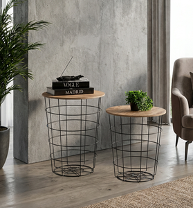 Mesas de Centro Modernas de Estilo Industrial con Estructura de Alambre y Cubiertas de Madera, Mesas Auxiliares Encajables, Muebles para Sala de Estar - Product Image 5