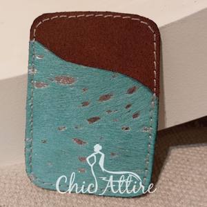 Porte-carte de crédit en cuir de vachette fait à la main cheveux authentiques sur porte-cartes métallique turquoise portefeuille en cuir occidental de haute qualité pour hommes et femmes - Product Image 1
