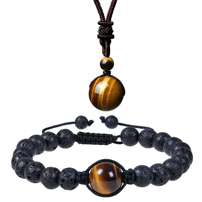 Natural Yellow Blue Tigers Eye Gemstone Crystal Stone Bead Hand Woven Necklace Bracelet Set For Women Men Jewelry