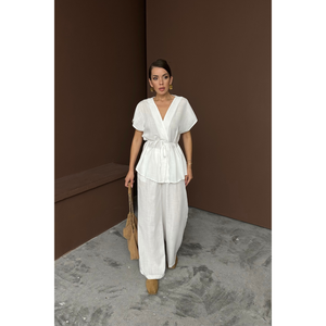 Conjunto de Blusa y Pantalones de Lino para Mujer, Cuello en V, Cintura con Lazo, Color Blanco - Product Image 3