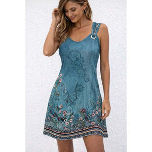 Vestido Corto con Tirantes y Escote en V para Mujer, con Detalle de Ojales y Estampado, 35417 - Verde - Product Image 3