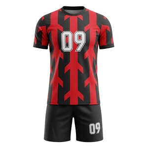 Conjunto de Uniforme de Fútbol Personalizado Sublimado con Diseño de Rayas Rojas y Negras, Ropa Deportiva Transpirable para Entrenamiento de Equipos - Product Image 1