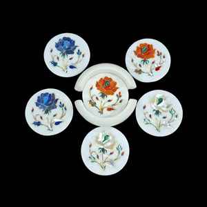 Ensemble de dessous-de-verre en marbre incrusté faits à la main, dessous-de-verre décoratifs en pierre, cadeau de pendaison de crémaillère, vaisselle élégante - Product Image 6