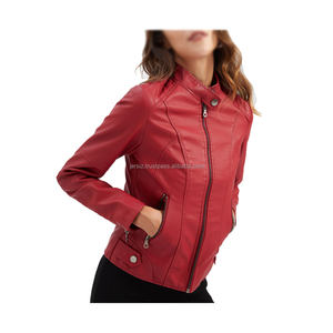 เสื้อแจ็คเก็ตหนังสไตล์ไบค์เกอร์สำหรับผู้หญิง คอลเลคชั่นฤดูใบไม้ผลิ-ฤดูใบไม้ร่วง ปี 2026  ตกแต่งลายปัก  ปิดด้วยซิป สีแดง ดำ น้ำตาล - Product Image 1