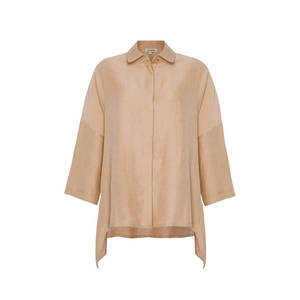 Blusa de Lino Asimétrica Beige para Mujer, Camisa Larga de Punto Bordada, Corte Holgado para Primavera y Otoño, Estilo Casual de Negocios - Product Image 1