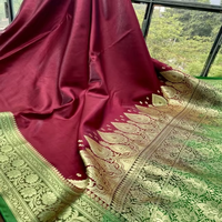 Sari de Seda Satinada Banarasi Brillante Tejido a Mano, Diseño de Borde en Contraste de Dos Tonos, Tejido Tradicional de Lujo de Secado Rápido