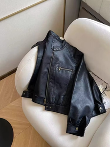 Veste courte vintage en cuir PU pour femmes Y2K automne Streetwear lâche col montant manteaux de moto Bf coréen Chic vêtements d'extérieur à fermeture éclair - Product Image 2