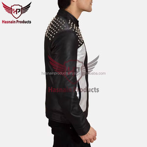 Mens Real Black <b>Silver</b> Leather <b>Jacket</b> Studded Shoulder Snap Collar Sheepskin Biker Coat Two Tone Punk Custom Winter Outerwear - Product Image 5