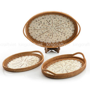 Bandeja de Servir de Ratán Tejido Natural de Vietnam con Asas, Cesta Decorativa para Frutas, Bandeja con Incrustaciones de Madreperla para Comida y Té - Product Image 5