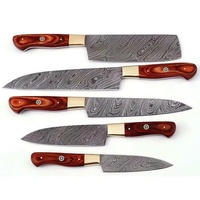 Set Pisau Koki Profesional Modern Jexmoo Custom Handmade 5 Buah Baja Damascus Ambidextrous dengan Gagang Kayu dan Sarung Kulit