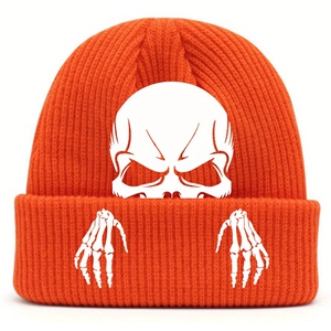 Hombres Mujeres Venta al por mayor Halloween Personalizado jacquard Invierno Tie-Dye Knit Beanie Hat Acrílico Cálido Slouchy Skull Cap con cuero - Product Image 1