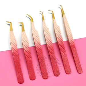 Pink Fiber Tip Lash Tweezers 90° Russian Mega Volume Curved Classic Eyelash Extension Tweezer Professional <b>Tool</b> - Product Image 1