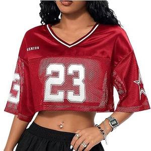 Camiseta personalizada recortada de gran tamaño Vintage para mujer, ropa de calle deportiva Retro americana, camiseta de malla cuadrada de fútbol, camiseta de fútbol americano - Product Image 2