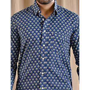 Chemise décontractée bleue 100% coton imprimée à manches longues, tissu popeline respirant, motif floral et à pois, taille 6XL, offre ODM - Product Image 2