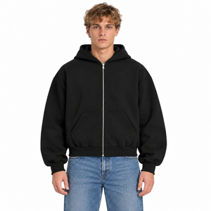 Sweat-shirt à capuche noir pour homme, coupe ample, 100 % coton, doublé, couleur unie, avec poches, fermeture éclair, anti-rétrécissement, idéal pour l'hiver - Product Image 1