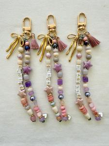 Portachiavi Artigianale con Nome Celeste, Ciondolo per Borsa Nero e Oro con Perline, Portachiavi Personalizzato con Nappa e Ciondoli Luna <span class=keywords><strong>Stella</strong></span>, Regalo Personalizzato - Product Image 3