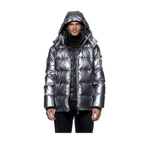 <b>Men's</b> Customized Logo Hooded Puffer Jacket New Design with Stand Collar 100% Nylon Solid Color Direct Sale shine fabric jackets - Product Image 3