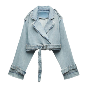 Gabardina recortada de mezclilla para mujer, gabardinas cortas de gran tamaño, chaquetas cortas para mujer, holgadas de manga larga para mujer - Product Image 4