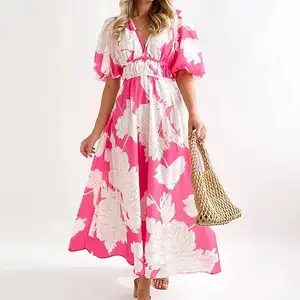 New Arrival Cotton Fabric Midi Dress Flow Midi Dress Pink Multi Color V-neck short Sleeve Midi Dress For Women