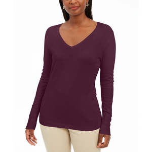 Pull décontracté pour femme JM Collection, col en V, manches ornées, violet foncé, grande taille, pour la saison d'automne - Product Image 1