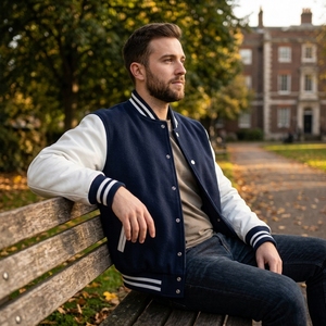 Premium Navy <b>Leather</b> Sleeve Letterman <b>Jacket</b> Wool Body Embroidered Patch Bomber College Streetwear <b>Jacket</b> Custom OEM ODM Bulk US - Product Image 6
