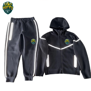 New Arrival Custom Brand Solid 100% Cotton <b>Reflective</b> Hooded Men Tracksuit 2-Piece Set Breathable Quick Dry Fleece Winter - Product Image 3