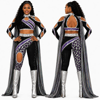 Costume de majorette HBCU, tenue de danse violette à imprimé léopard avec strass et paillettes, avec cape, pour équipe de cheerleading compétitive