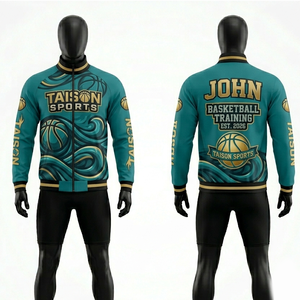 Veste de basketball en polyester et élasthanne 280 GSM, vert sarcelle, motif tourbillon doré, logo personnalisé par transfert thermique, fermeture éclair intégrale, tenue d'entraînement - Product Image 6