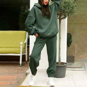 Conjunto de chándal de invierno de 2 piezas de gran tamaño para mujer Pantalones con capucha de color sólido con capucha gruesa de cintura elástica suelta para Otoño Invierno - Product Image 5