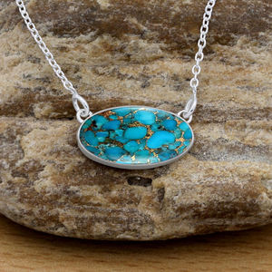 Nouveauté Collier Pendentif en Turquoise Bleu Naturel Argent Sterling 925 8x16mm Oval Délicat Minimaliste Bijoux Cadeau Femme - Product Image 3