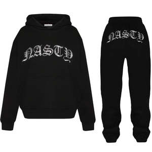 Survêtements à capuche solides pour hommes avec strass 100% coton séchage rapide respirant vêtements de sport de style vieilli - Product Image 1