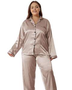 Manufacturer Custom Women Beige Satin Silk <b>Pajama</b> Set Button Down Long Sleeve Sleepwear Luxury Soft Smooth Nightwear Loungewear - Product Image 1
