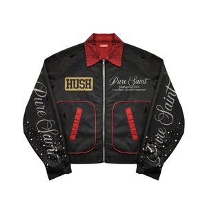 2026 Streetwear Embroidered Custom Distressed Vintage Wash Rhinestone Unisex Zip Up Denim Canvas <b>Winter</b> Jacket - Product Image 4