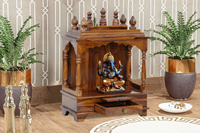 Accessoires traditionnels de Pooja : Ensemble dôme de temple et kalash en bois de manguier sculpté CNC avec arche et piliers, accents en laiton, personnalisable