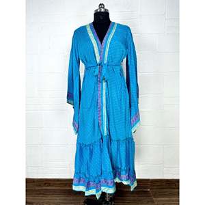 Recycled Vintage Silk Sari Robe Boho Floral Print Dressing Gown <b>Beach</b> Coverup or Bridesmaid Anniversary Gift - Product Image 1