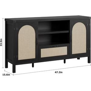 Modern Black Wood Sideboard with Rattan Doors Modern <b>Storage</b> Cabinet Spacious Shelves Elegant Design for Living Room - Product Image 6