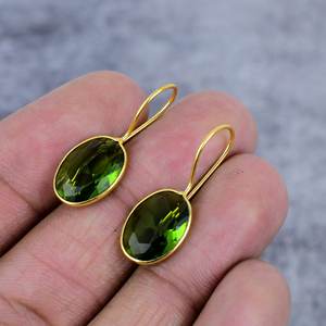 Art Nouveau Antique 12 Birthstone Oval <b>Peridot</b> Sterling Silver Long New Design 18k <b>Gold</b> Plated <b>Earrings</b> Women Jewelry - Product Image 3