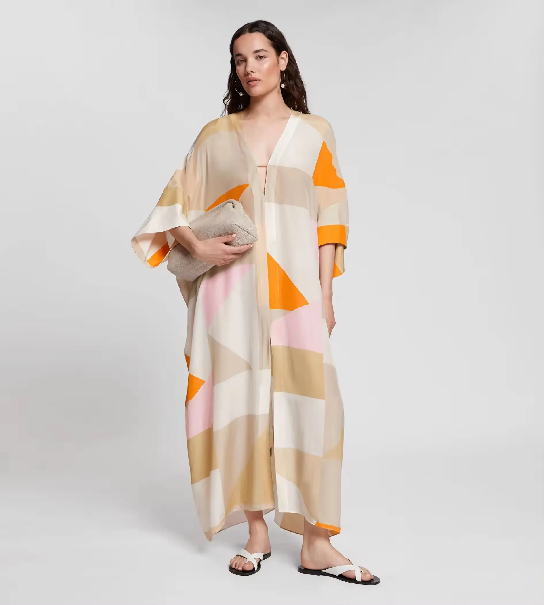 Loose Fit V-Neck Style Silk Crepe Fabric Geometric Block Printed Women Long Kaftan Beach Wear kaftan outfit for party