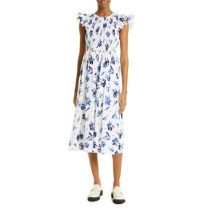 Robe en coton biologique smockée à imprimé floral Baum Und Pferdgarten Admore, motif tulipe bleue, décontractée, été, taille XL (8 US), taille élastique - Product Image 1
