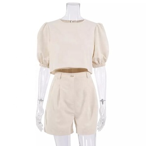 Ensemble chemise à manches courtes pour femmes, mode d'été, décontracté, Short, manches bouffantes, Top, ensemble deux pièces, 2022 - Product Image 2