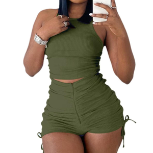 Pro Quality Solid Pattern Casual Style Bodycon Tank <b>Crop</b> <b>Top</b> <b>Shorts</b> Sets Customizable Design - Product Image 2