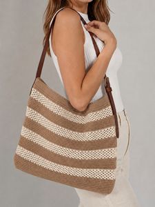 Bolso de hombro tejido para mujer con correa de cuero, bolso tote de punto elegante e informal, bolso de ganchillo a la moda - Product Image 1