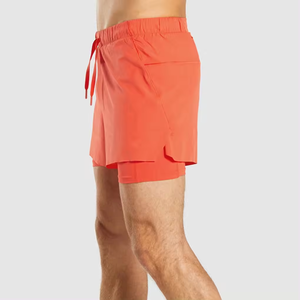 100% Cotton Orange Solid Color Double <b>Layer</b> Accept Logo Printing Summer Outdoor Gym Jogging Men Gym Shorts With Pockets - Product Image 3
