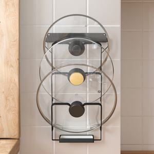 Organizzatore Salvaspazio in Metallo a 3 Ripiani per Coperchi di Pentole, Montaggio a Parete Senza Foratura con Vassoio Raccogligocce per Cucina e Soggiorno - Product Image 3