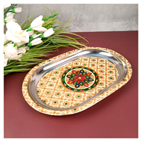 Bandejas de Metal modernas de gran venta con mango de hoja, acabados dorados y azules, decoración ecológica para boda Diwali, mesa de comedor, bandeja para servir