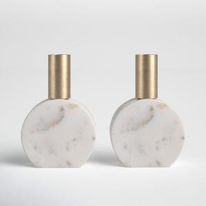Marble & <b>Brass</b> Decorative <b>Candle</b> <b>Holder</b> with Cylindrical Metal Top and Round Veined Marble Base - Product Image 1
